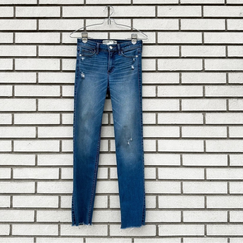 Abercrombie & Fitch Straight Mid Rise Stretch Jeans Raw Hem Distressed Blue 0